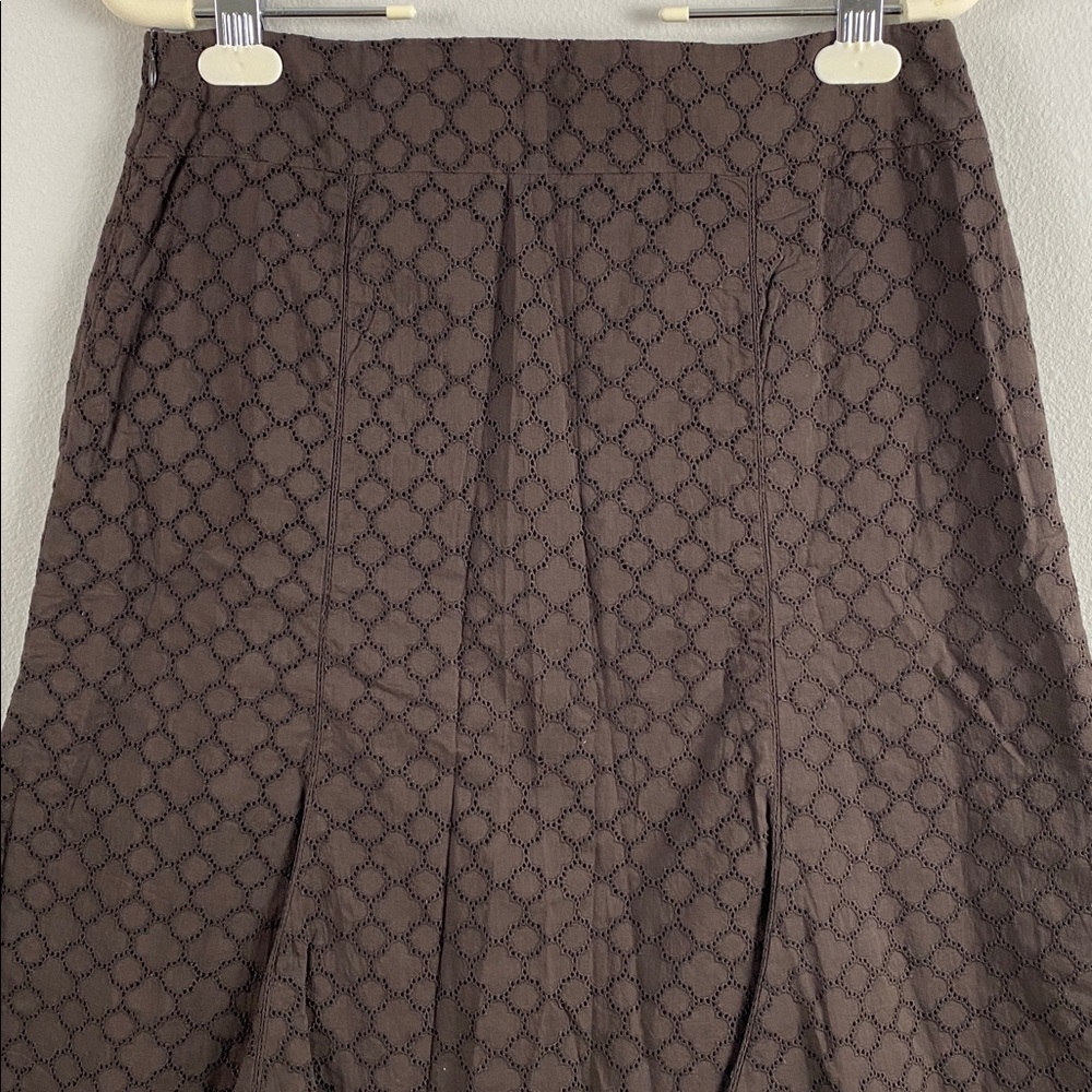 Cortefiel Boho Embroidered Eyelet Godet Skirt | Pleated, Lined, Side Zip | Brown - Picture 5 of 16